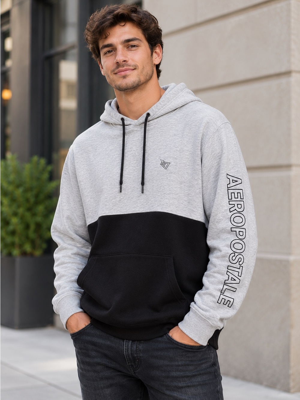 Aeropostale Men's XL Colorblock Hoodie Grey Black Pullover Graphic Sleeve Logo